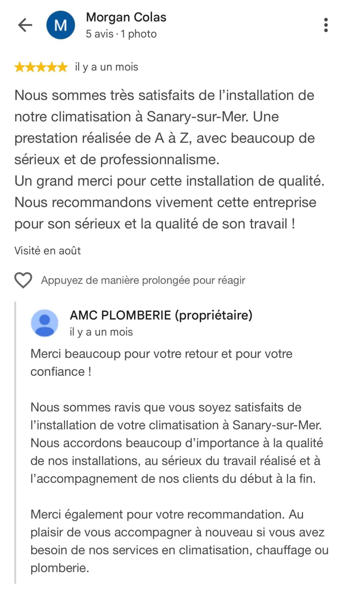 Avis Google cinq étoiles laissé à AMC Plomberie pour l’installation d’une climatisation à Sanary-sur-Mer, suivi de la réponse du propriétaire qui remercie le client et rappelle ses services de climatisation, chauffage et plomberie
