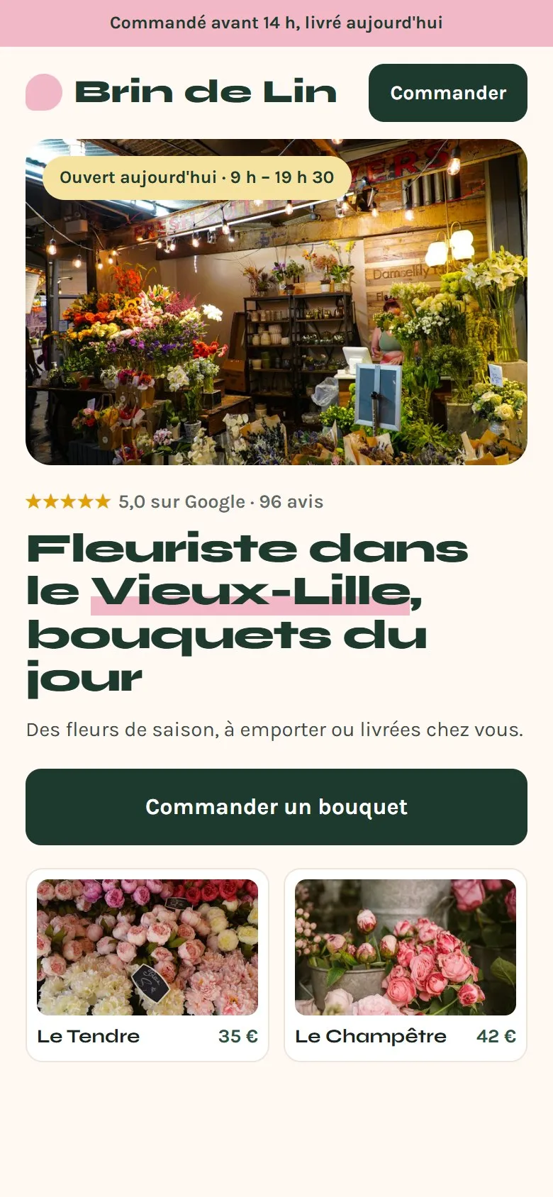 Maquette sur téléphone du site de Brin de Lin, fleuriste inventé : livraison le jour même, photo de la boutique avec « Ouvert aujourd’hui », note Google, titre, bouton Commander un bouquet et deux bouquets avec leur prix