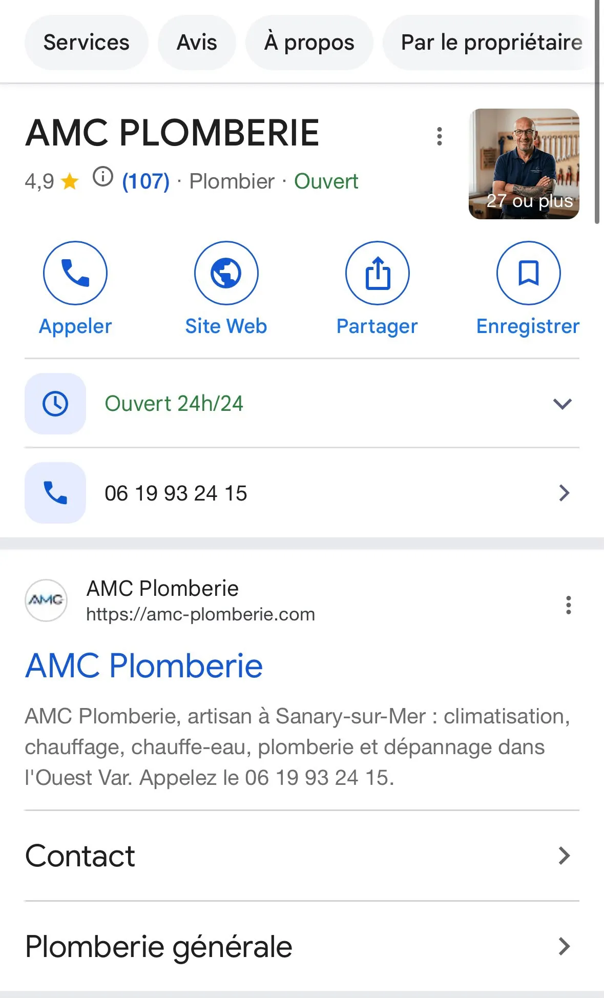 Fiche Google d’AMC Plomberie sur téléphone : nom, note de 4,9 avec 107 avis, catégorie Plombier, photo du gérant, boutons Appeler et Site web, ouverture 24h/24, numéro de téléphone, site relié et services