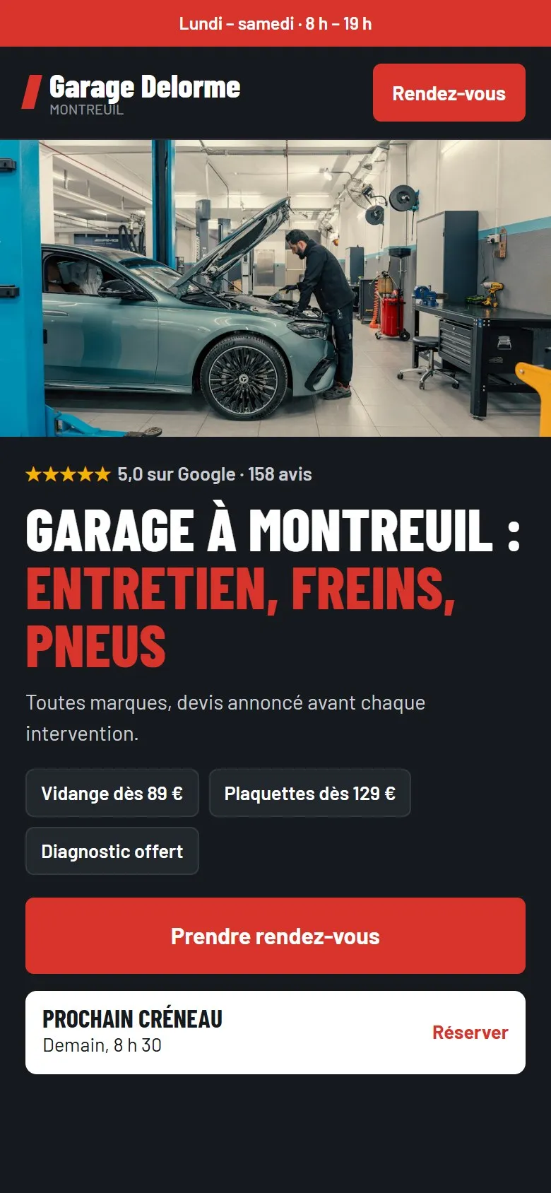 Maquette sur téléphone du site de Garage Delorme, garage inventé : horaires, photo d’un mécanicien, note Google, titre, prix à partir de 89 €, bouton Prendre rendez-vous et prochain créneau