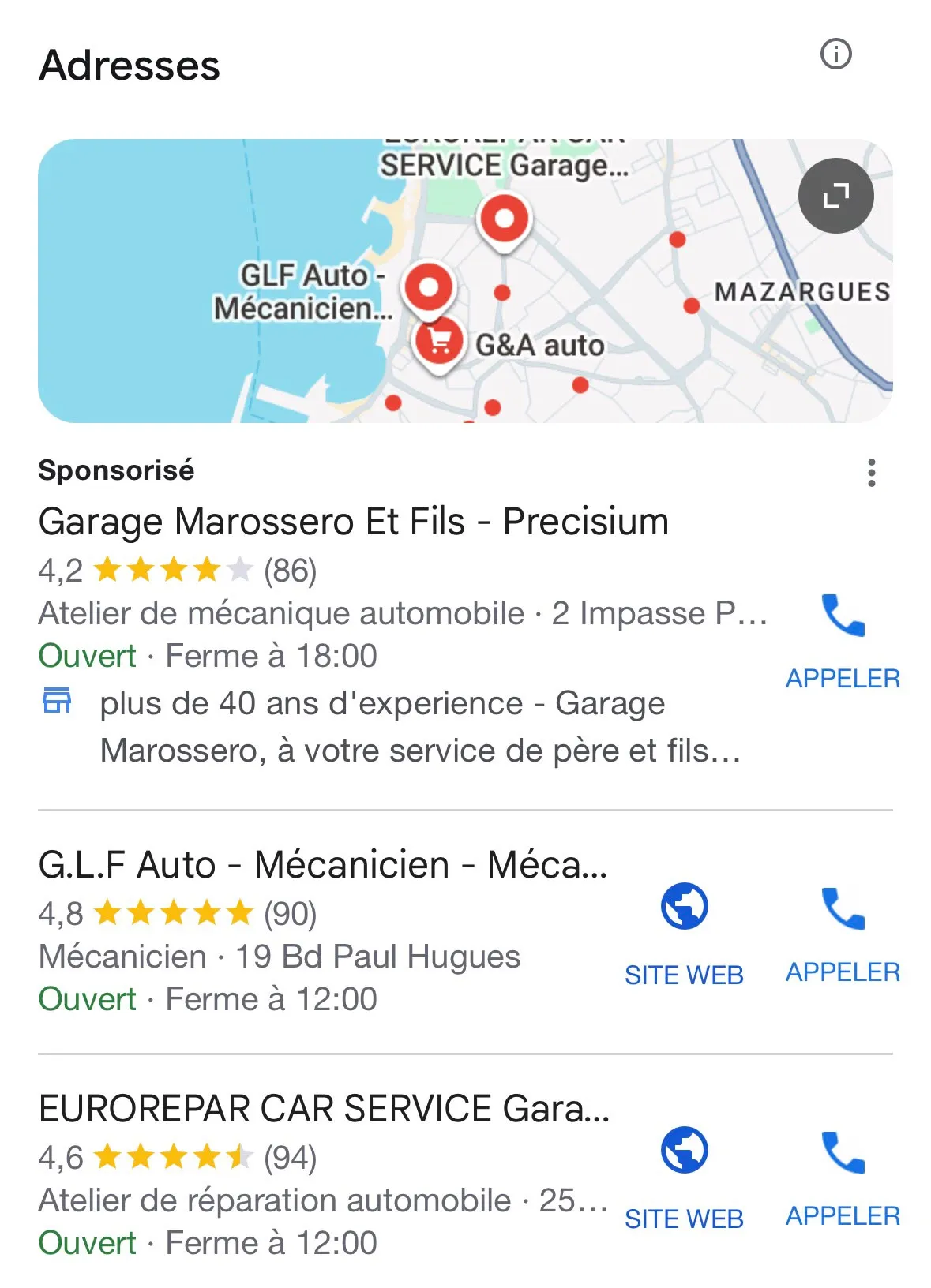 Résultats Google sur téléphone : une carte de Marseille autour de Mazargues, une annonce sponsorisée pour un garage, puis deux garages notés 4,8 et 4,6 sur 5, chacun avec son métier, son adresse et ses boutons Site web et Appeler