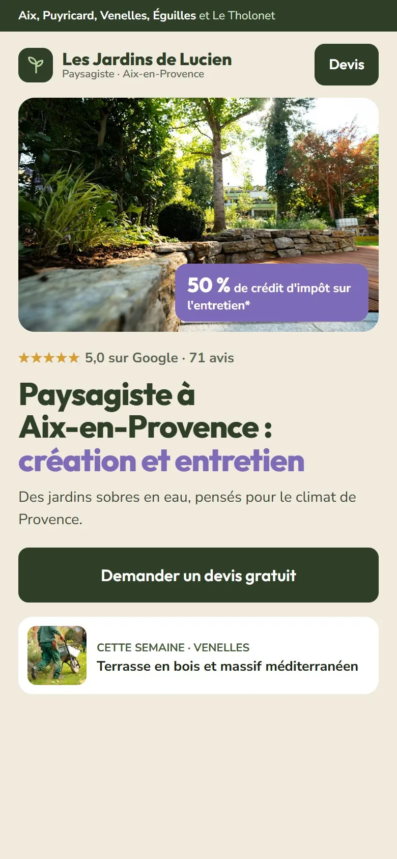 Maquette sur téléphone du site des Jardins de Lucien, paysagiste inventé : communes desservies, photo d’un jardin, crédit d’impôt de 50 % sur l’entretien, note Google, titre, bouton Demander un devis gratuit et chantier de la semaine à Venelles